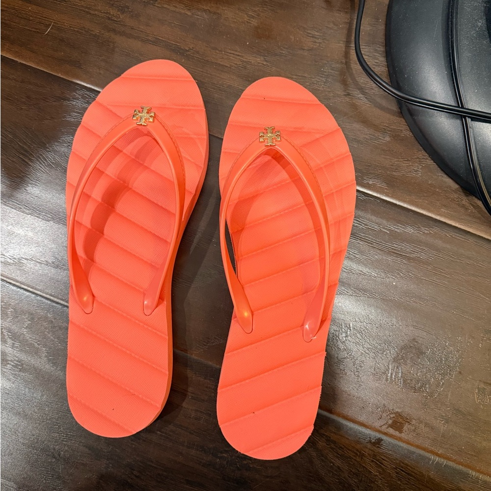 Tory Burch Coral Orange Logo Flip Flop Sandals